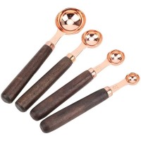 Food 4 Pieces Wooden Handle Coffee Stainless Steel Copper Plated Measuring Spoons Wooden Measuring Spoon